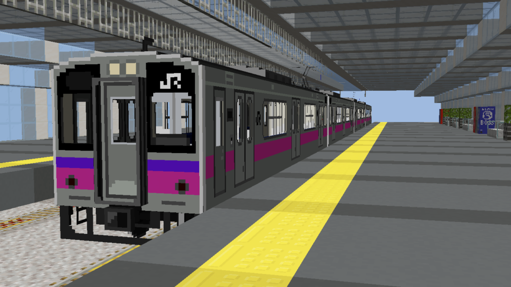 マイクラ内のホームに入線する701家電車の鉄道アドオン。